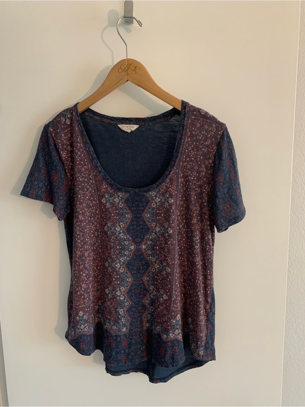Lucky Brand Blue and Pink Printed Scoop Neck Tee